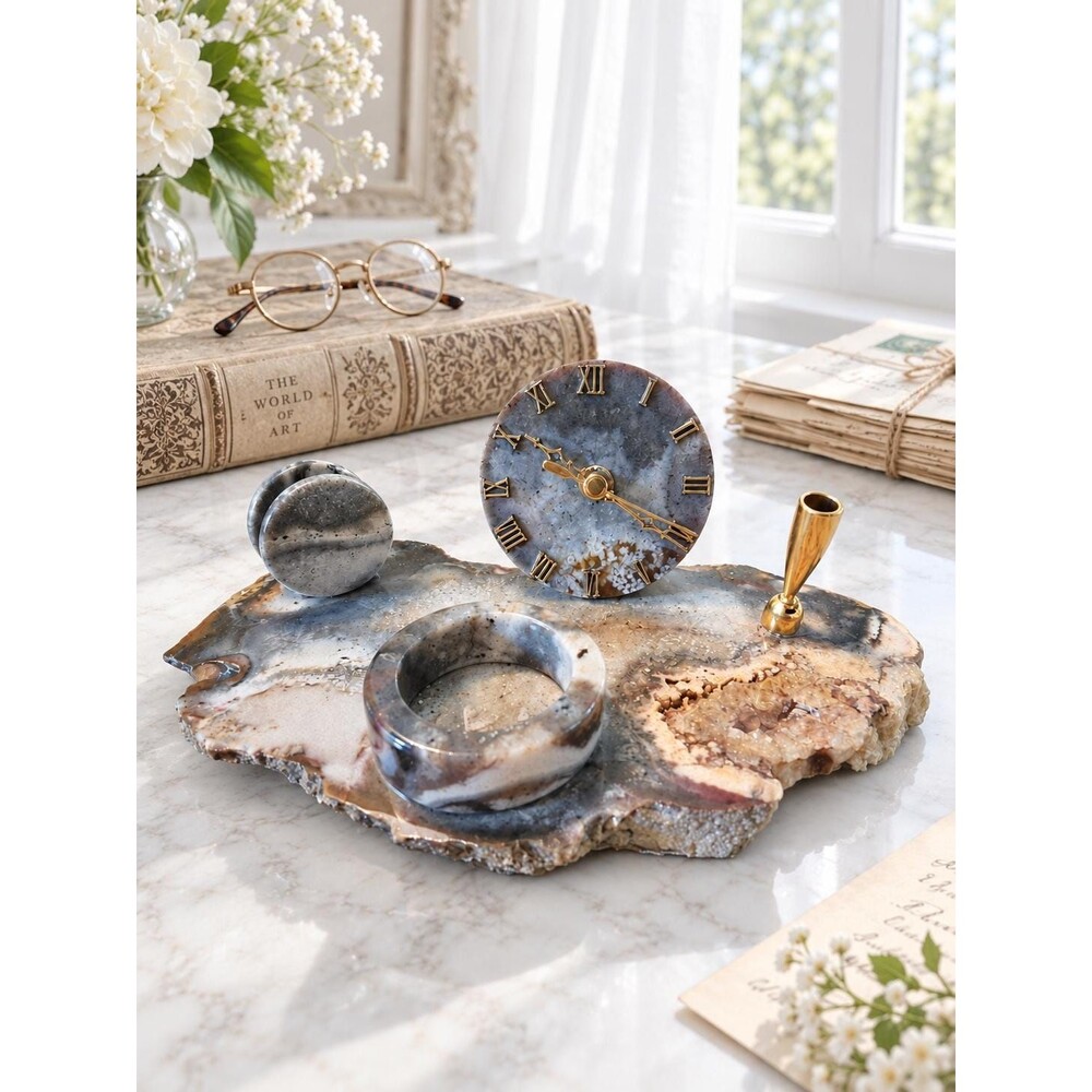 Vintage Natural Agate Stone Desk Set With Clock MCM Office Organizer